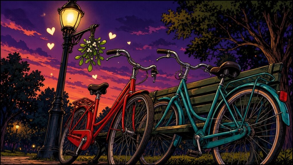 Comic-style illustration of two bicycles leaning together under a lamppost hung with mistletoe in a park at dusk.