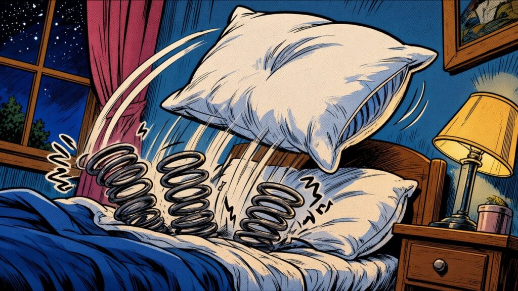 Comic-style illustration of a pillow bouncing off a bed as the mattress springs pop and a lamp wobbles.