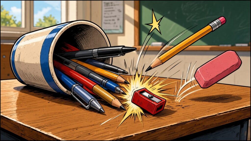 Comic-style illustration of a desk cup of pens and pencils tipping over as a pencil bounces off a sharpener.