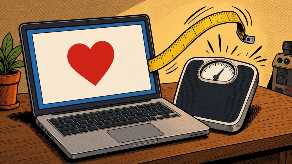 Comic-style illustration of a laptop dating profile card with an overstretched tape measure and a bathroom scale with a wobbling needle.