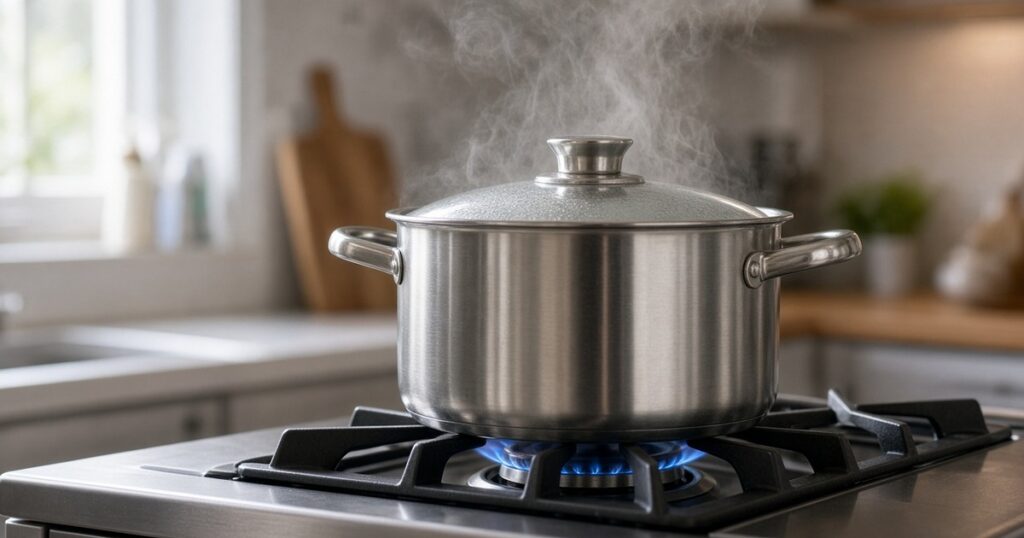 A steel pot with steam on a gas stove.