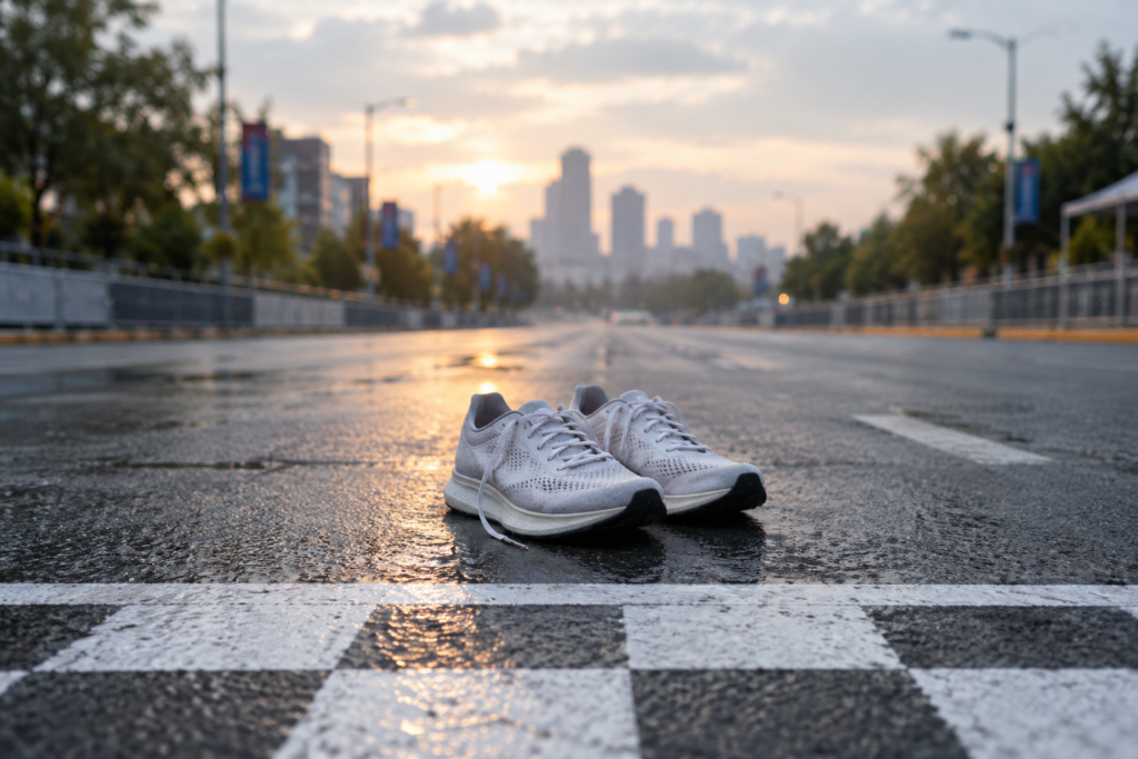 Illustration of plain racing shoes resting on wet asphalt beside a painted white line on an empty early-morning street.