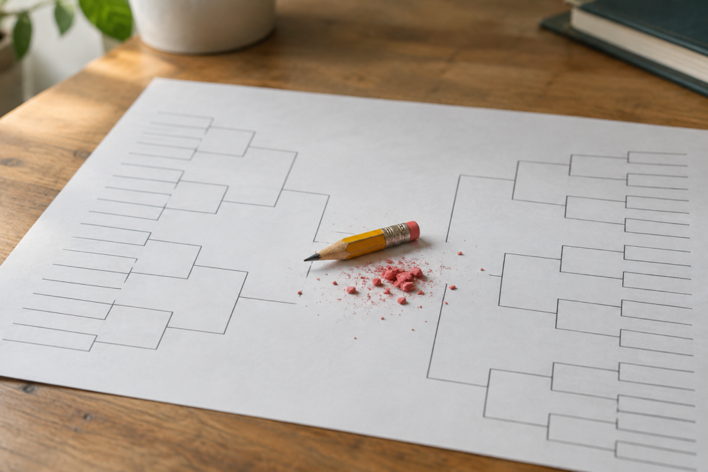 Illustration of a pencil stub and eraser crumbs on a blank tournament bracket sheet on a wooden desk.