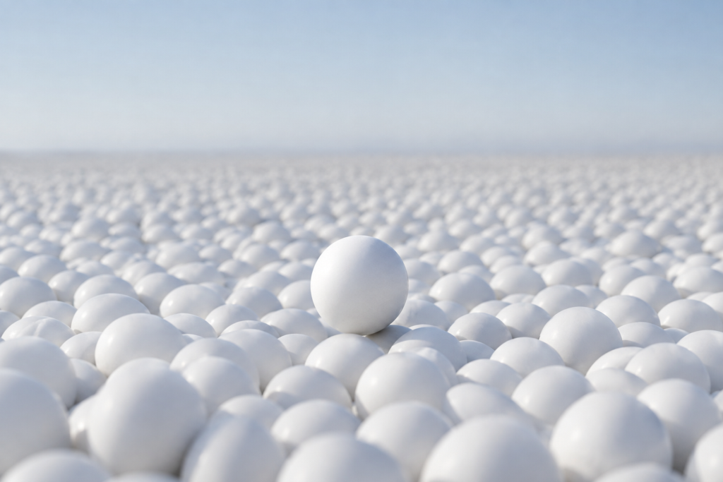 Illustration of one white ball in front of an endless field of identical blank white balls reaching the horizon.